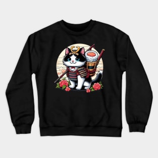 Women’s Happy Sushi Samurai Kawaii Anime Cat Crewneck Sweatshirt